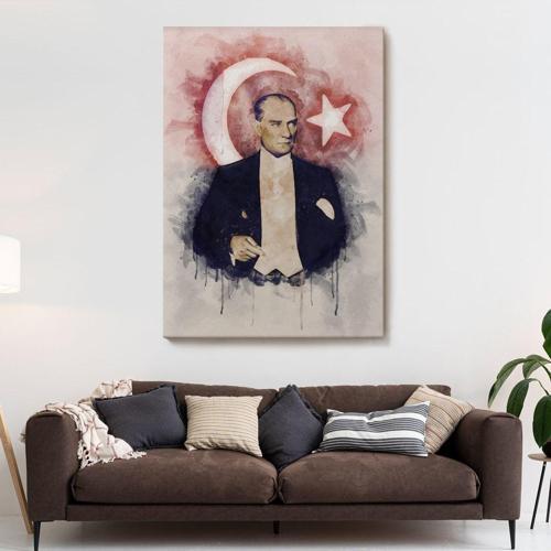 Mustafa Kemal Atatürk Ve Türk Bayrağı Suluboya Görünümlü Dekoratif Kanvas Tablo-Cy-76