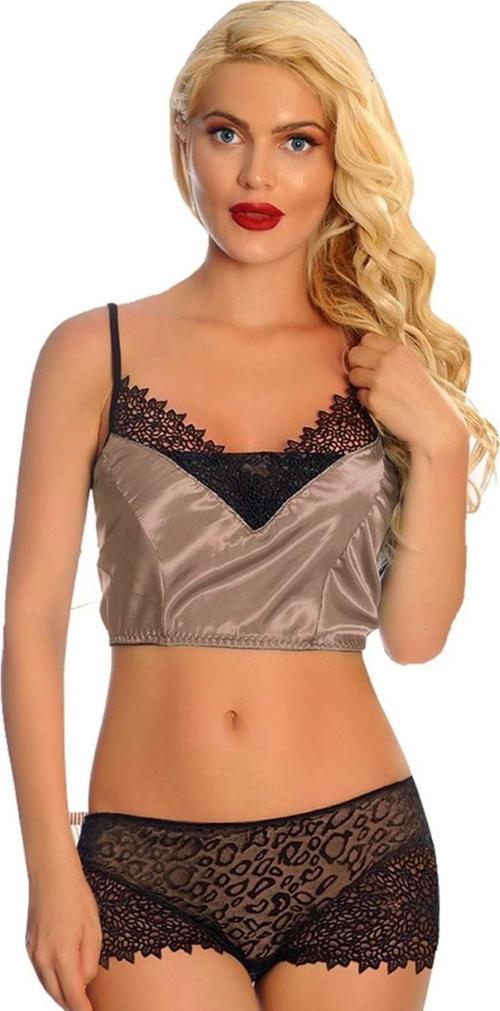 Vizon Saten Dantelli Babydoll Şortlu Takım - 289