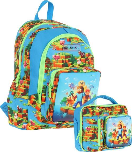 Kids Craft Desenli Erkek Çocuk Mavi Yeşil Okul Çantası ve Beslenme Çanta Takımı