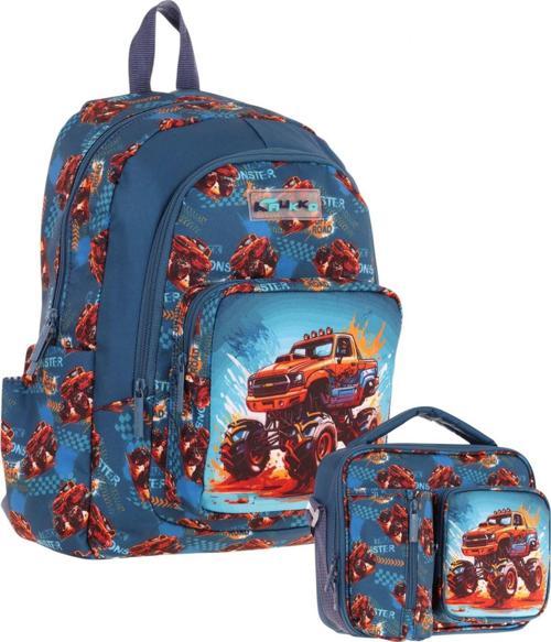 Kids Arazi Aracı Erkek Çocuk Yeşil Kırmızı Okul Çantası ve Beslenme Çanta Takımı