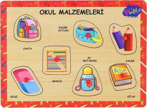 Ahşap Tutmalı Okul Malzemeleri Eğitici Puzzle Oyunu