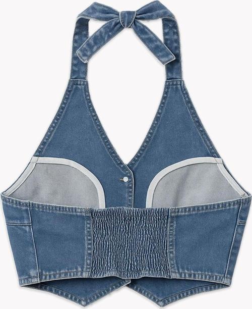 Kadın Açık Mavi Düğmeli Bağlamalı Crop Jean Büstiyer