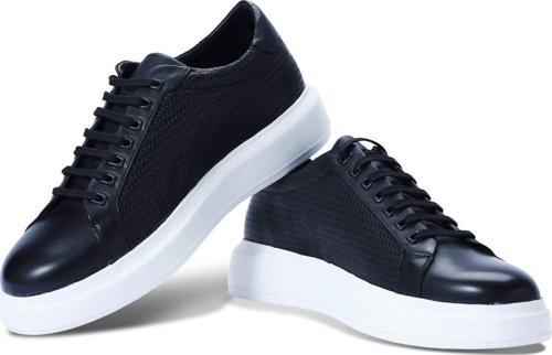 Erkek Hakiki Deri Hasır Desenli Sneaker Siyah Spor Ayakkabı