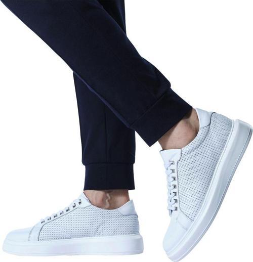 Erkek Hakiki Deri Hasır Desenli Sneaker Beyaz Spor Ayakkabı