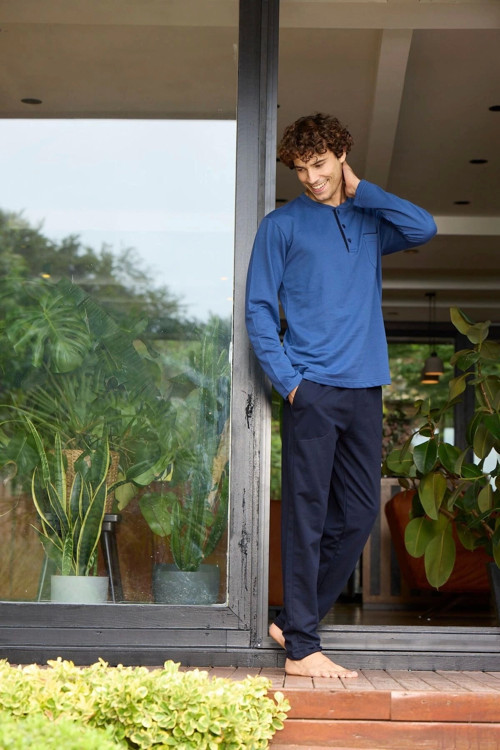 Erkek Midi Yaka Uzun Kollu Pijama Takımı