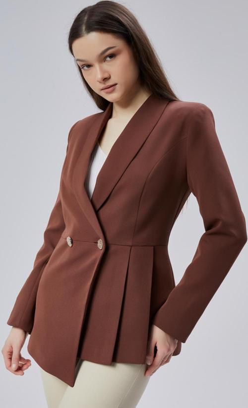 Kahverengi Regular Fit Pile Detaylı Blazer Ceket