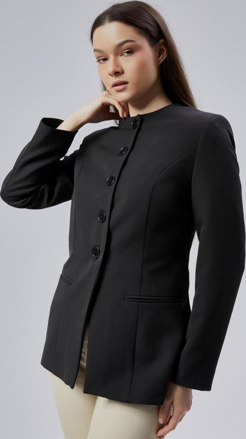 Siyah Bisiklet Yaka Regular Dokuma Ceket