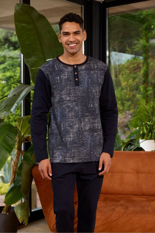 Erkek Midi Yaka Uzun Kollu Pijama Takımı