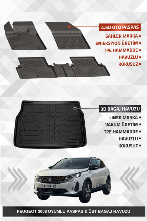 Peugeot 3008 2016-2024 Uyumlu 4.5D Premium Havuzlu Oto Paspas ve Liner Marka 3D ÜST Bagaj Havuzu