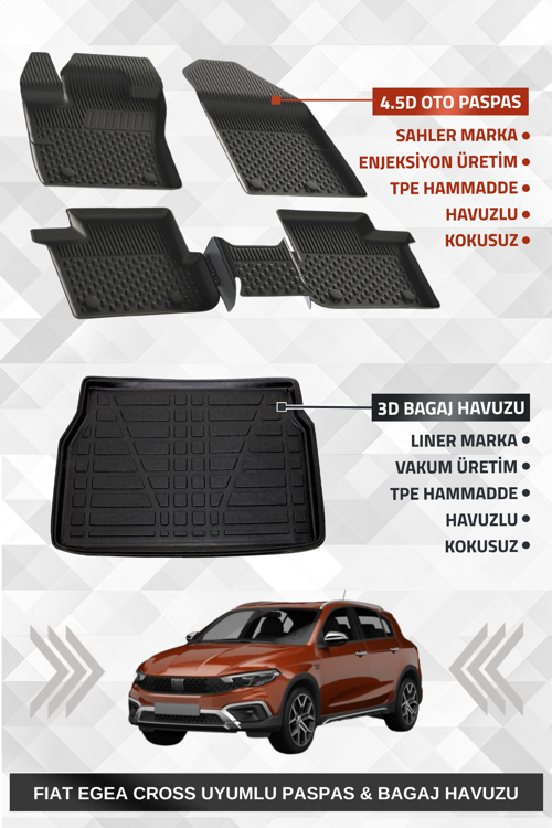 Fıat Egea Cross 2020+ Uyumlu 4.5D Premium Havuzlu Oto Paspas ve Liner Marka 3D Bagaj Havuzu