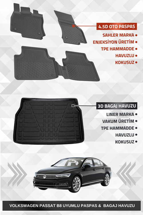 Volkswagen Passat B8 2015-2023 Uyumlu 4.5D Premium Havuzlu Oto Paspas ve Liner Marka 3D Bagaj Havuzu