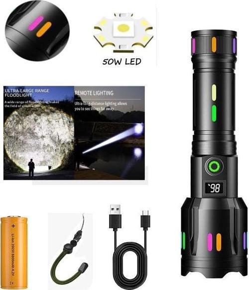 PS-9885 Profesyonel Zoomlu 50W Şarjlı Powerbank Avcı Polis El Feneri
