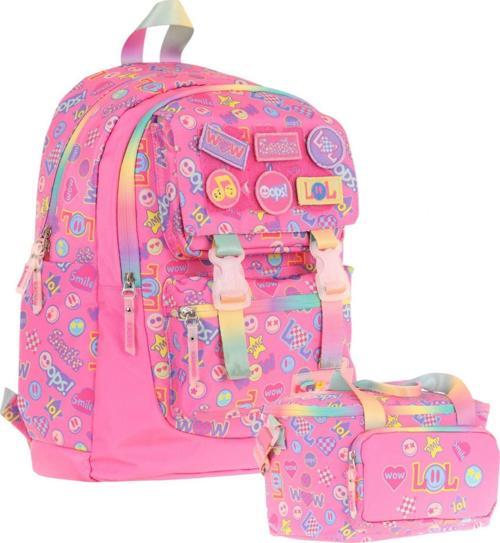 L5237+L7237 Kız Çocuk İkili Okul Çantası ve Beslenme Çantası Seti - Pembe - Armalı Yazı Desenli