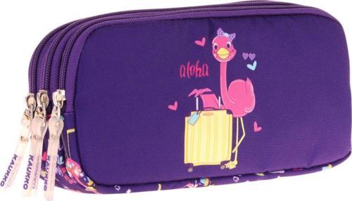 Kids Üç Bölmeli Mor Pembe, Flamingo Baskılı, Kız Çocuk Okul Kalemliği - L8223
