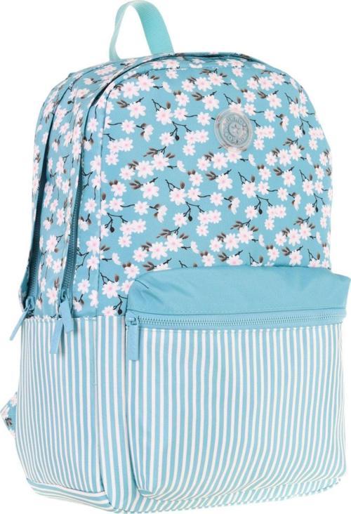 Soft Floral Kız Çocuk Üç Bölmeli Turkuaz Çiçek ve Çizgi Desenli Okul Sırt Çantası - K1796