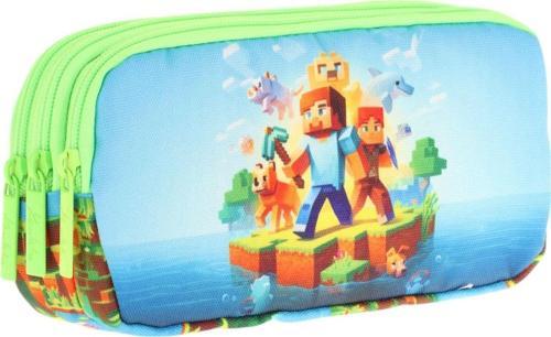 Kids Yeşil Mavi, Craft Temalı, Erkek Çocuk Üç Bölmeli Kalemlik/Kalem Çantası - L8280