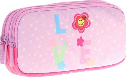Kids Üç Bölmeli Pembe Lila, Love Desenli, Kız Çocuk Okul Kalem Çantası - L8211