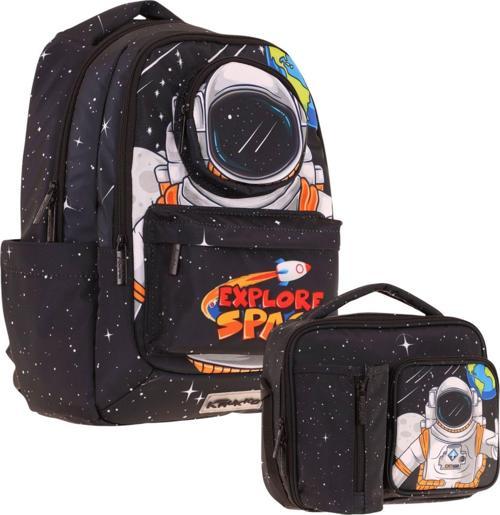 Erkek Çocuk 3D Astronot Şekilli Siyah Okul Sırt Çantası ve Isı Yalıtımlı Beslenme Çantası Seti