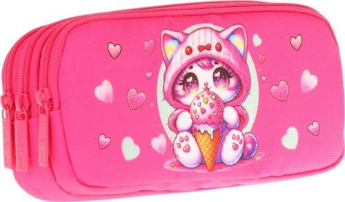 Kids Fuşya, Dondurma Yiyen Kedi, Kız Çocuk Üç Gözlü Okul Kalem Çantası - L8250
