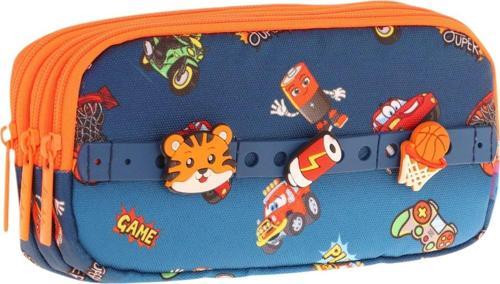 Kids Lacivert Turuncu, Arabalar, Erkek Çocuk Üç Bölmeli Okul Kalem Çantası - L8259