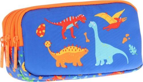 Kids Turuncu Mavi, Dinazorlar Temalı, Erkek Çocuk Üç Bölmeli Kalemlik/Kalem Çantası - L8278