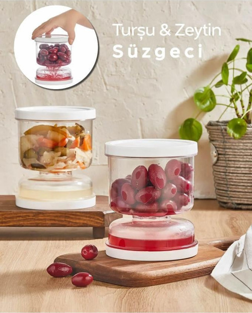 1 Adet Kum Saati Süzgeçli Turşu Peynir Zeytin Saklama Kabı 1.5L