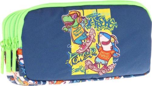 Kids Lacivert Yeşil, Dinazor Temalı, Erkek Çocuk Üç Bölmeli Okul Kalem Çantası - L8256
