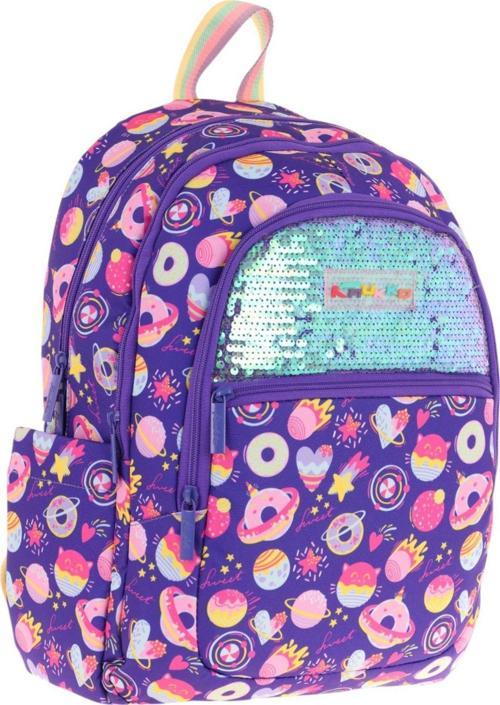 Kids Kız Çocuk (Mor - Pullu Şekerleme Desenli) Dört Gözlü Okul Sırt Çantası - L5216