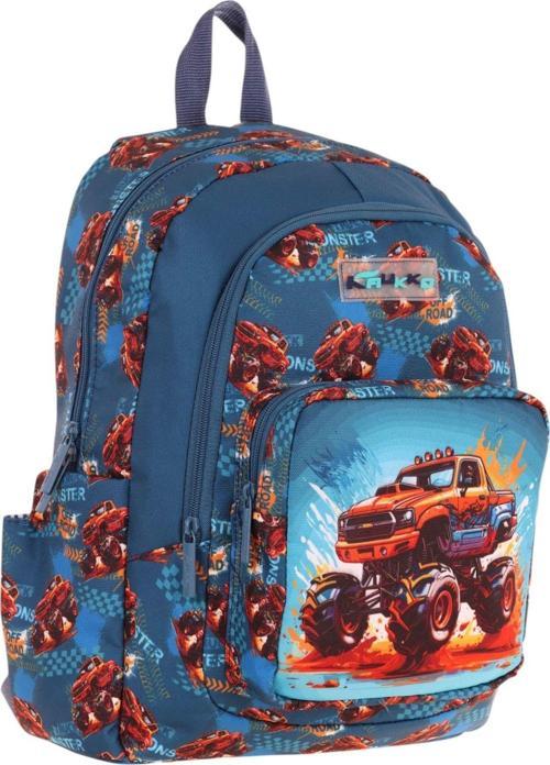 Kids Üç Bölmeli (Yeşil Kırmızı - Arazi Aracı Baskılı) Erkek Çocuk Okul ve Günlük Sırt Çantası - L5282