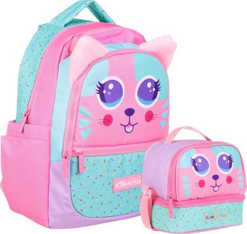 Kids Sevimli Kedi Şekilli Kız Çocuk Okul Çantası ve Beslenme Çantası Seti - Pembe Yeşil