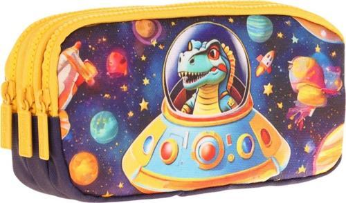 Kids Sarı Siyah, Astronot Dinazor, Erkek Çocuk Üç Bölmeli Kalemlik/Kalem Çantası - L8273