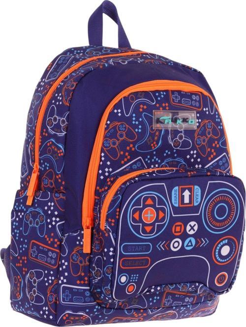 Kids Üç Bölmeli (Lacivert Turuncu - Oyun Desenli) Erkek Çocuk Okul ve Günlük Sırt Çantası - L5281