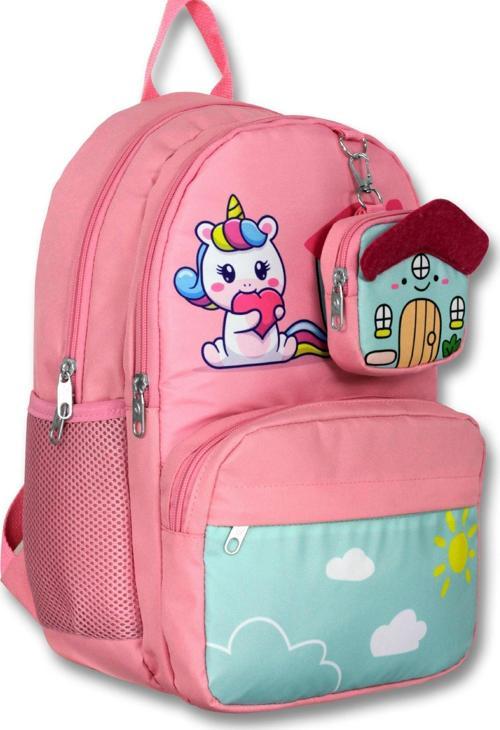 5051 (Unicorn - Pembe Yeşil - Kız Çocuk) Okul Çantası - Sevimli Anahtarlık Dahil