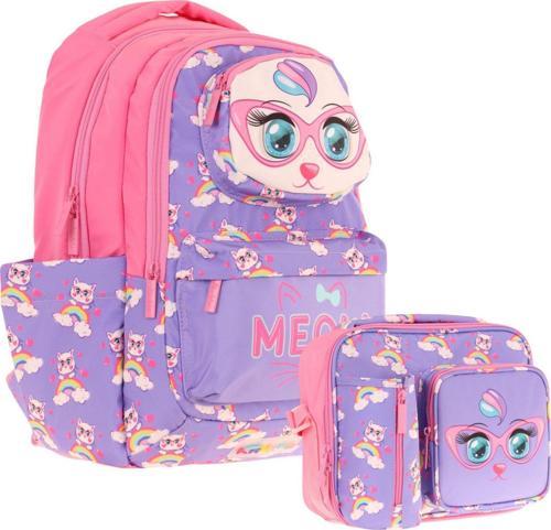 Kız Çocuk 3D Kedi Şekilli Mor Pembe Okul Sırt Çantası ve Isı Yalıtımlı Beslenme Çantası Seti