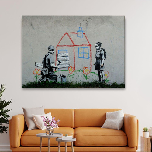 Bansky Çocuğun Çizdiği Evin Kapısını Kapatan Adam Kanvas Duvar Tablosu-5019