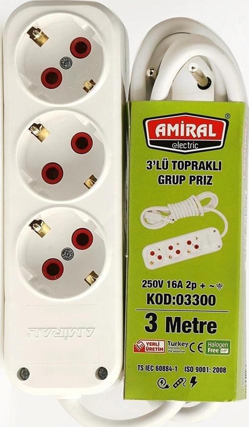 Amiral 3' Lü Topraklı 3 Metre Kablolu Grup Priz
