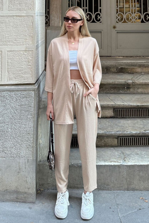 Kadın Dökümlü Bürümcük Yazlık Palazzo Trend Kimono Takım