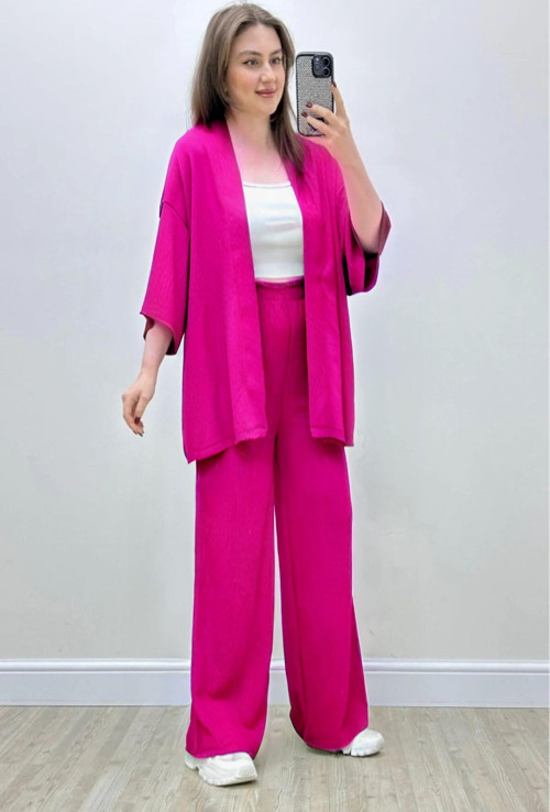 Kadın Pembe Salaş Dökümlü Bürümcük Palazzo Yazlık Kimono Takım