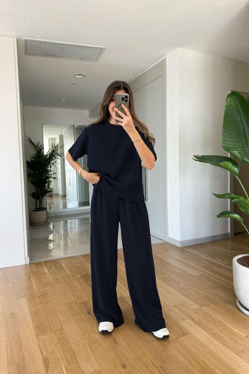 Kadın Kısa Kollu Modal Penye Yüksek Bel Bol Paça Eşofman Takımı