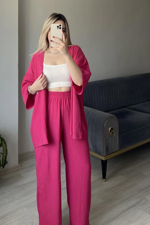 Kadın Pembe Dökümlü Bürümcük Yazlık Kimono Takım