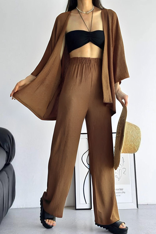 Kadın Camel Dökümlü Bürümcük Pantolon Ceket Takım Yazlık
