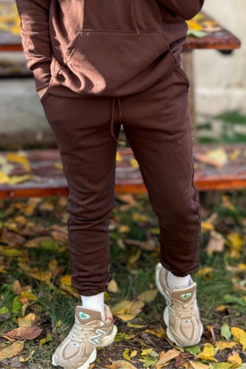 Erkek Kahverengi Unisex Jogger Eşofman Altı 3 İplik Kalın Kışlık