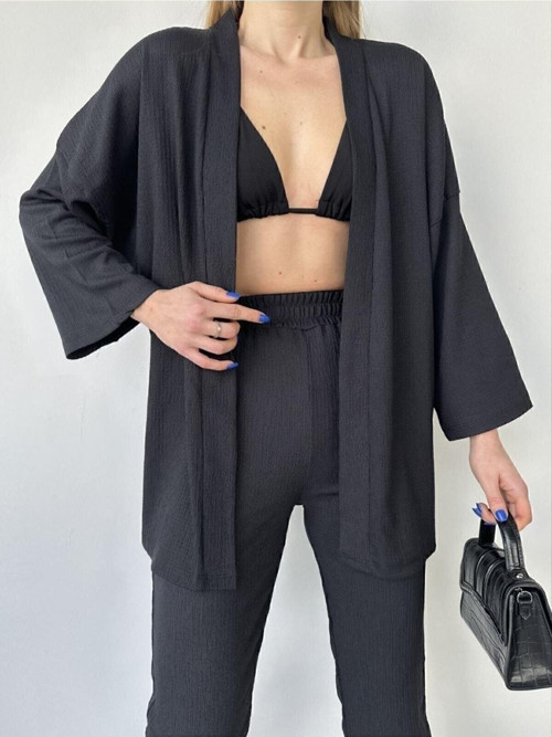 Kadın Bürümcük Kumaş Cepli Pantolon Kimono Takım Yazlık Günlük Rahat Kesim