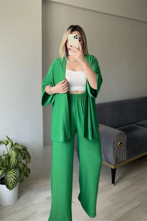 Kadın Yeşil Dökümlü Bürümcük Yazlık Kimono Takım