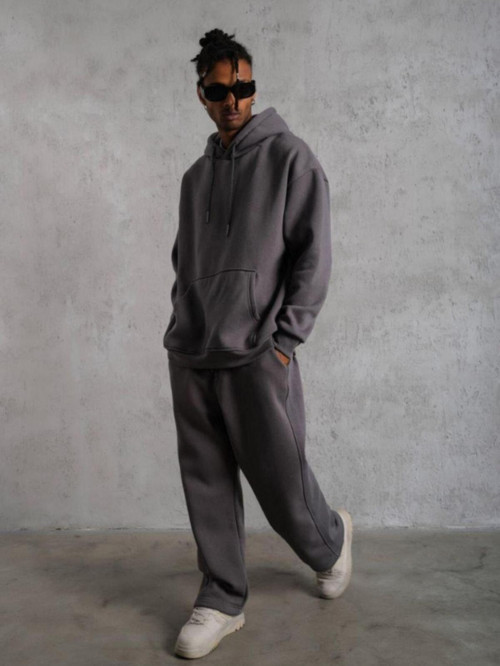 Erkek Füme 3 İplik Kapşonlu Kanguru Cep Hoodie Eşofman Takımı