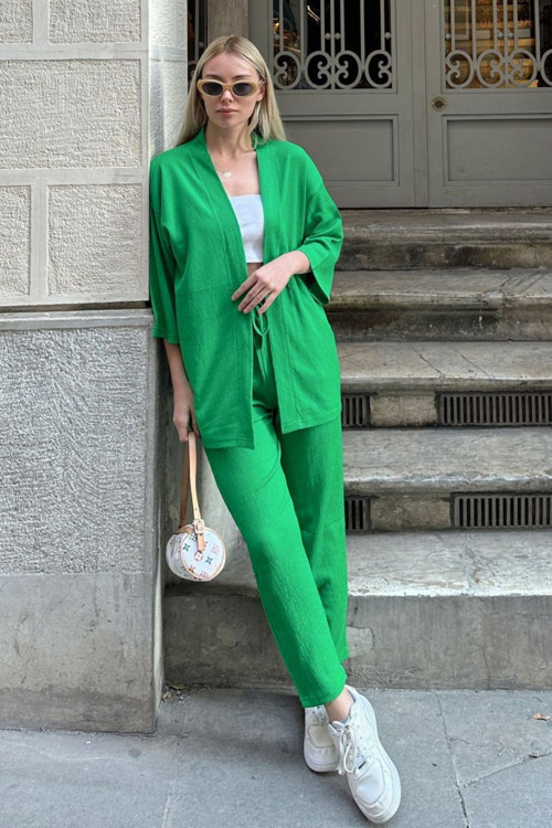 Kadın Dökümlü Bürümcük Yazlık Palazzo Trend Kimono Takım