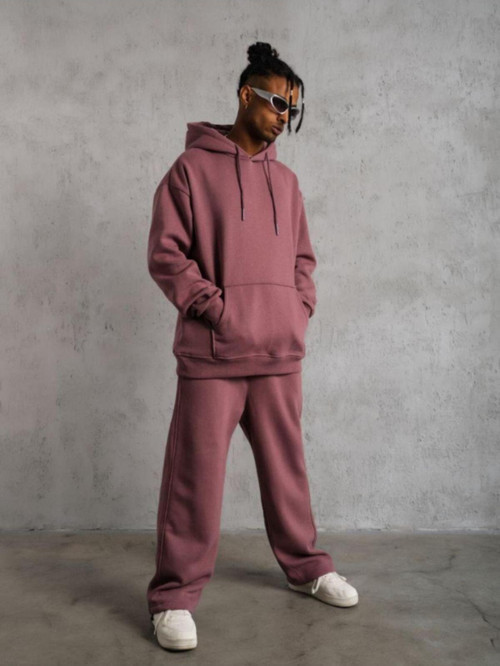 Erkek Gül Kurusu 3 İplik Kapşonlu Kanguru Cep Hoodie Eşofman Takımı