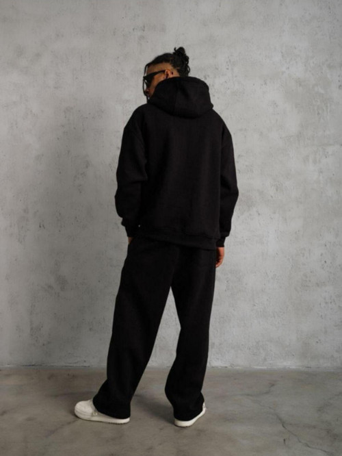 Erkek Siyah 3 İplik Kapşonlu Kanguru Cep Hoodie Eşofman Takımı