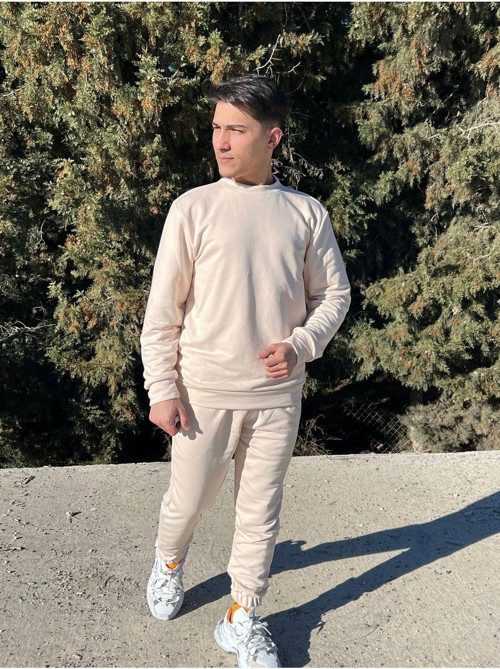 Erkek Ekru/Krem Bisiklet Yaka Eşofman Takımı Regular Fit