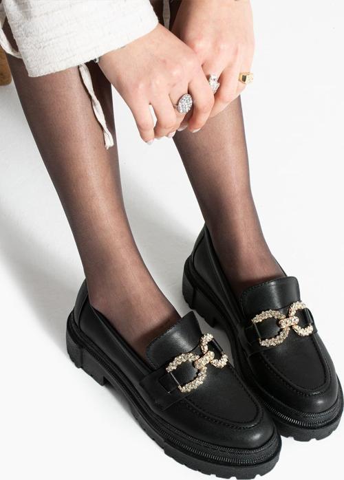 Loafer Günlük Kadın Siyah Taş Detaylı Rahat Ayakkabı